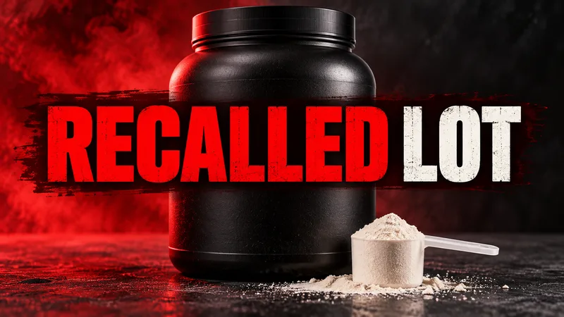 Concept cover of an unmarked preworkout powder tub and scoop beside RECALLED LOT.