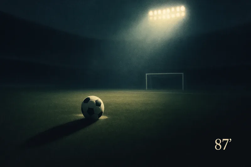 Concept illustration of a football on the penalty spot under floodlights at night