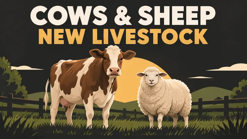 A generic cow and sheep stand in a minimal farm setting beneath the words COWS & SHEEP and NEW LIVESTOCK.
