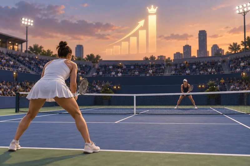Two anonymous tennis players face each other on a hard court beneath an abstract upward ranking marker.