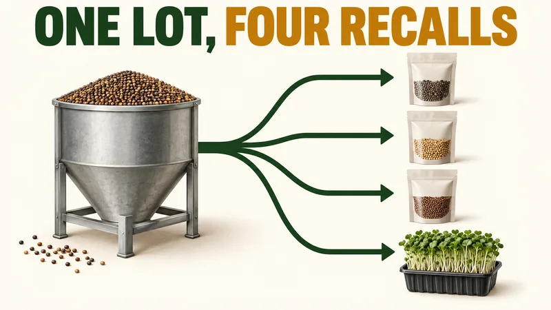 Concept supply-chain diagram with one seed lot branching to three seed packets and a sprout tray under ONE LOT, FOUR RECALLS.