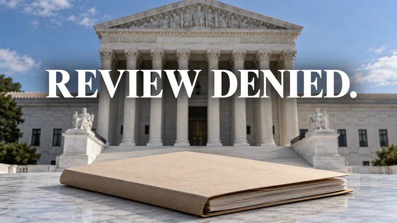 Editorial illustration of the U.S. Supreme Court building behind a closed case file.