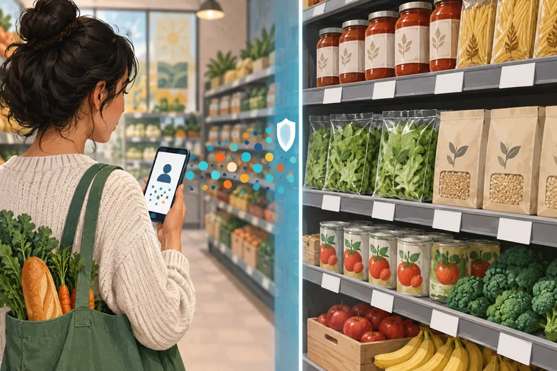 Concept illustration of grocery price tags separated from personal-data symbols by a clear boundary.