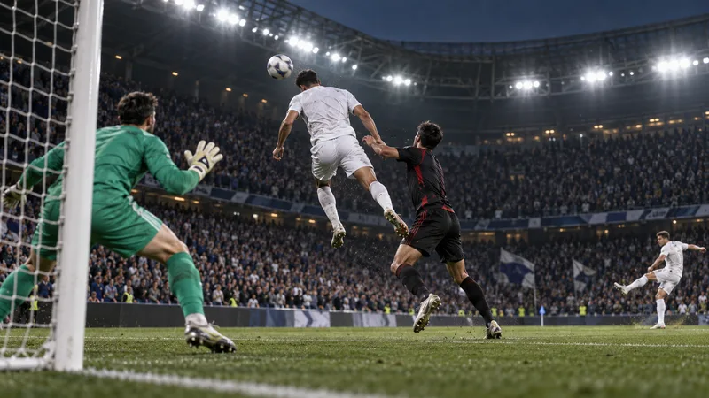 An anonymous striker heads a cross toward goal under stadium lights.
