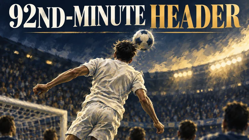 Concept illustration of an anonymous player rising toward a football beneath 92ND-MINUTE HEADER.