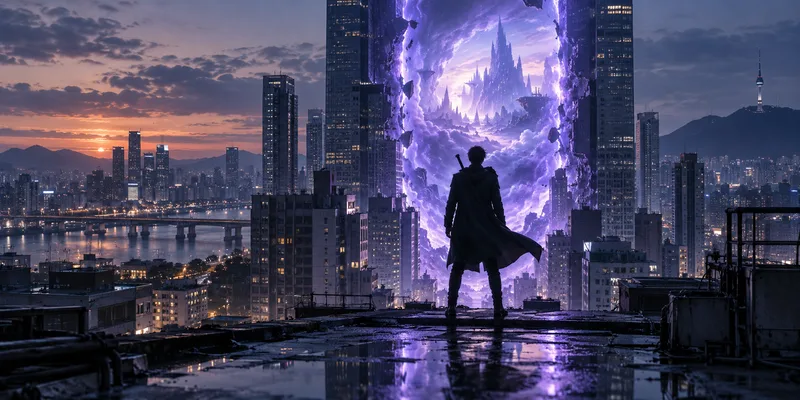 A lone hunter faces a luminous portal above a modern city at dusk.