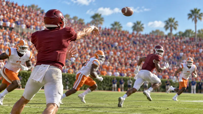 An anonymous quarterback throws a pass during a generic college football game.