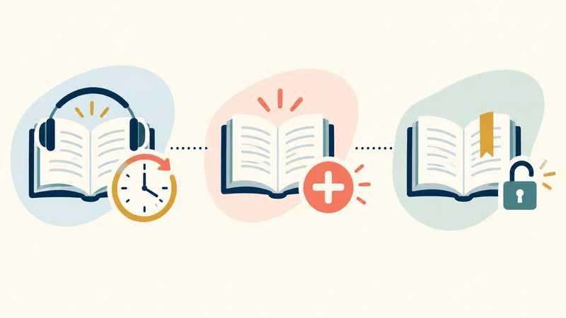 Three concept routes show a book with a monthly clock, a book with a plus sign, and a single bookmarked book with an open-lock symbol.