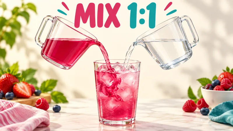 Concept illustration of equal cups of fruit concentrate and water combining into an iced drink beneath MIX 1:1.