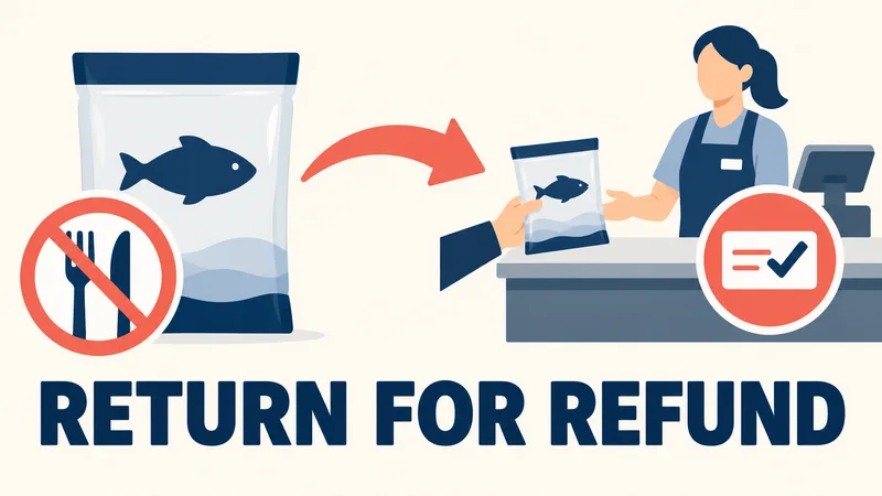 An abstract unbranded seafood pouch routes from a no-eat cue to a neutral counter and refund-check symbol under ‘RETURN FOR REFUND.’