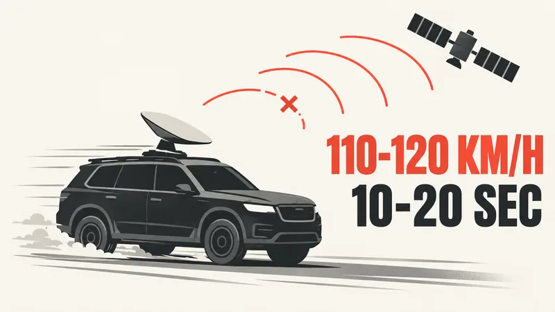 Concept illustration of a moving vehicle with a satellite terminal and the labels 110 to 120 km/h and 10 to 20 seconds.