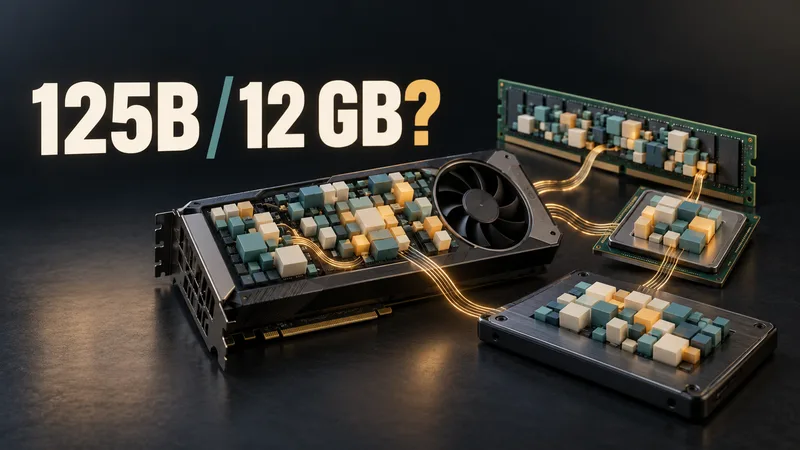 Concept illustration of a generic graphics card sharing a large model-block workload with separate RAM, CPU and storage components, beside “125B / 12 GB?”.