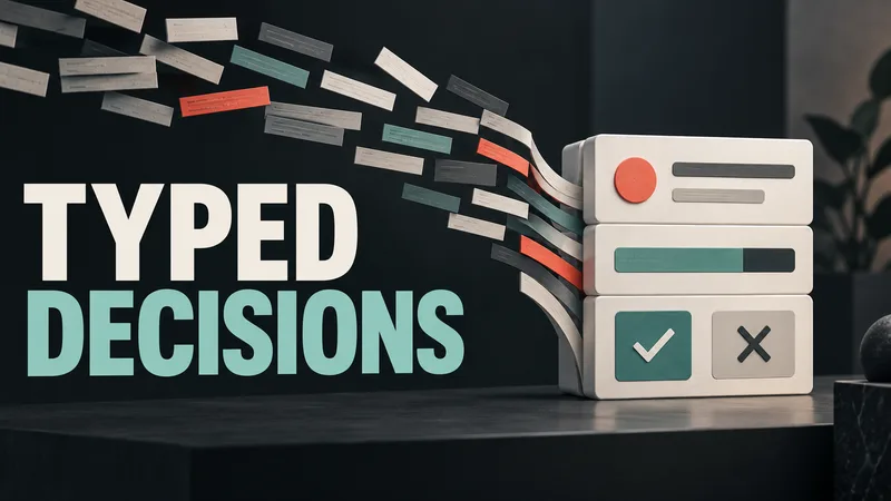 Concept illustration of scattered text-like strips resolving into a structured decision object, beside the words “TYPED DECISIONS.”