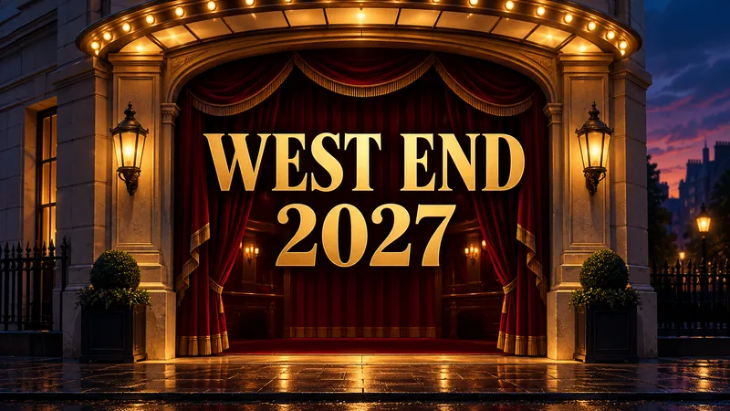 A generic red-curtained theatre entrance glows at dusk beneath the exact words WEST END and 2027.