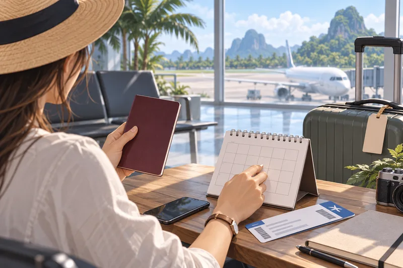 Concept illustration of travel documents and a calendar beside a suitcase at an airport.