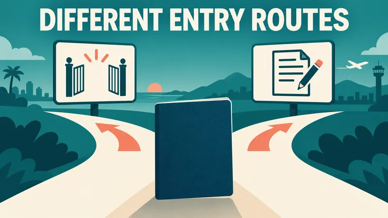 Concept illustration of a generic passport branching toward an exemption gate and an application form under DIFFERENT ENTRY ROUTES.