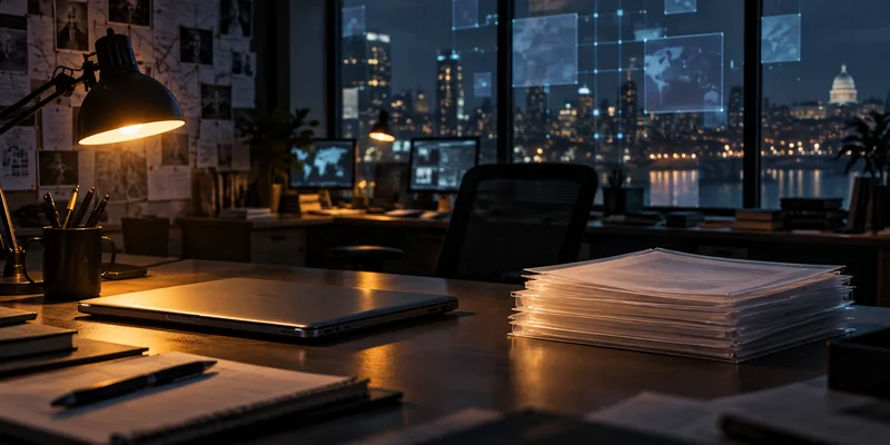 An anonymous newsroom desk with a closed laptop and a stack of blank documents under a lamp, looking toward a distant city.