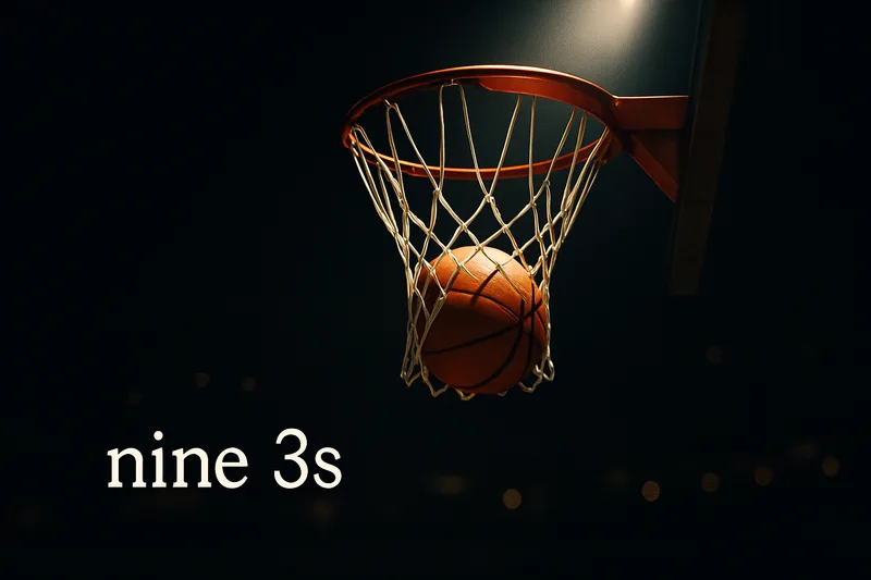 Concept illustration of a basketball dropping through a spotlighted net in a dark arena
