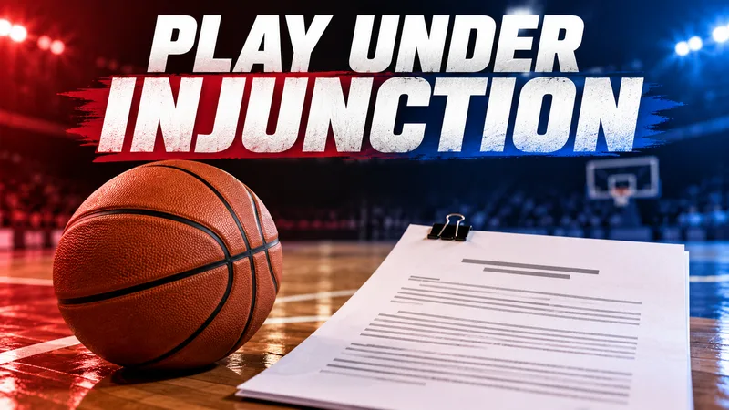 Concept illustration of a basketball beside a court document, representing eligibility under an injunction.