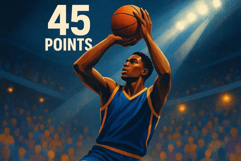 A generic basketball guard in blue and gold taking a jump shot, with the hook 45 POINTS displayed.