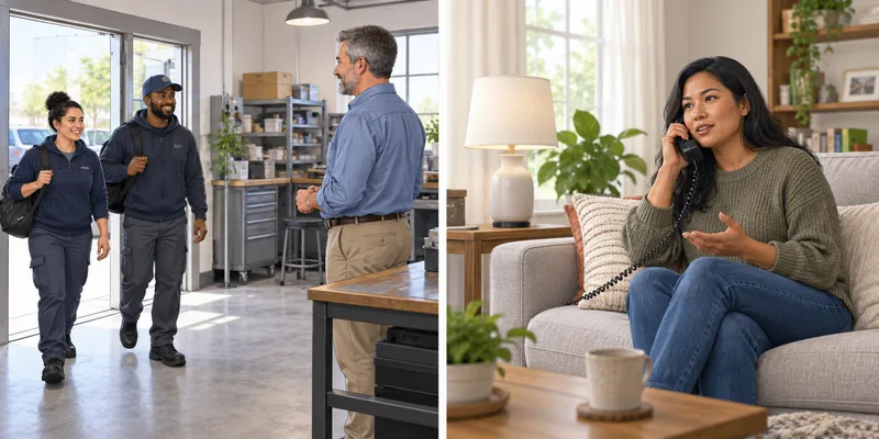 A workplace manager greets arriving staff beside a separate home scene where an adult answers a telephone interview.