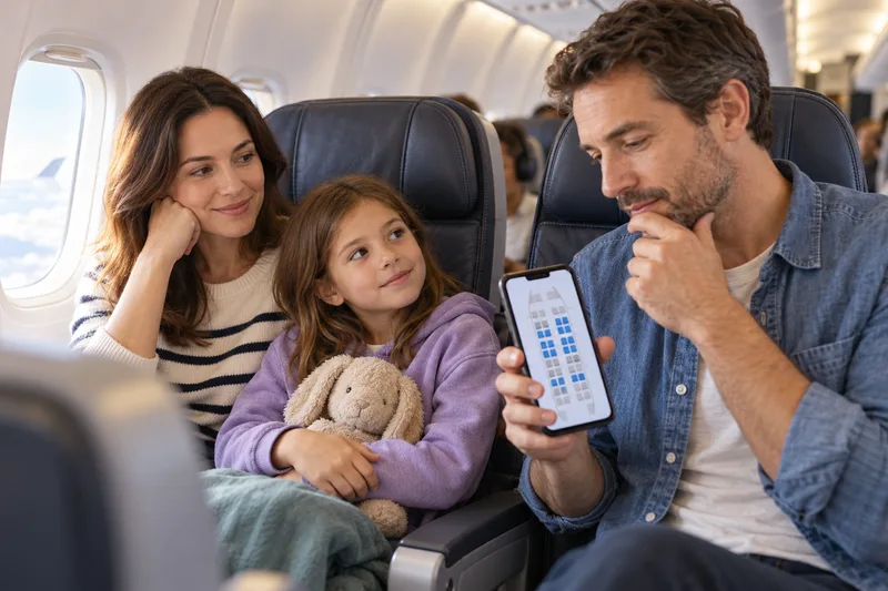 An illustrative family seated together on a plane while an adult reviews a seat map on a phone.