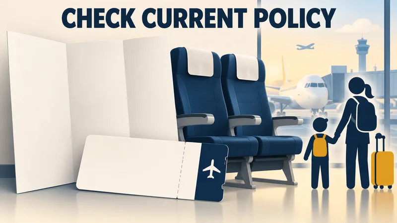 Concept illustration of blank booking terms and adjacent airplane seats with adult and child symbols under CHECK CURRENT POLICY.
