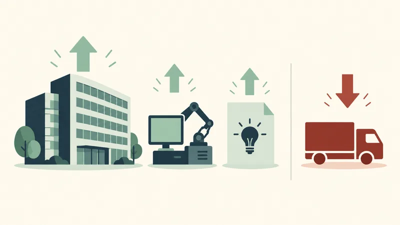 An abstract building, machinery and an intellectual-property symbol sit under upward arrows; a separate transport vehicle sits under a downward arrow.