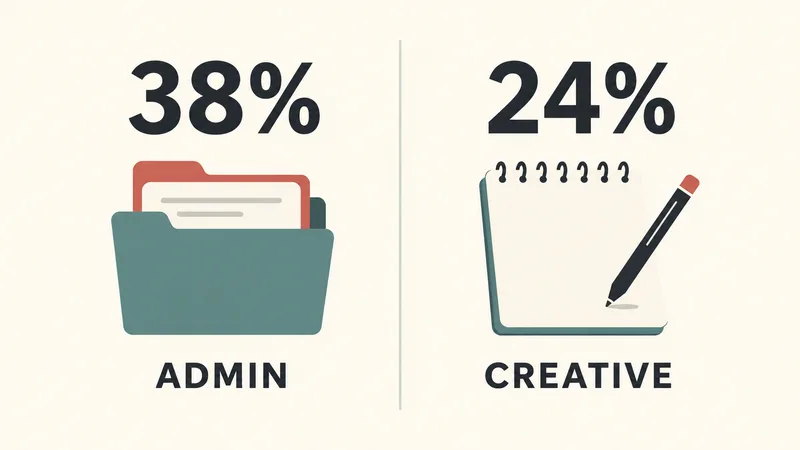 Two panels show 38% ADMIN beside a folder icon and 24% CREATIVE beside a sketchpad.