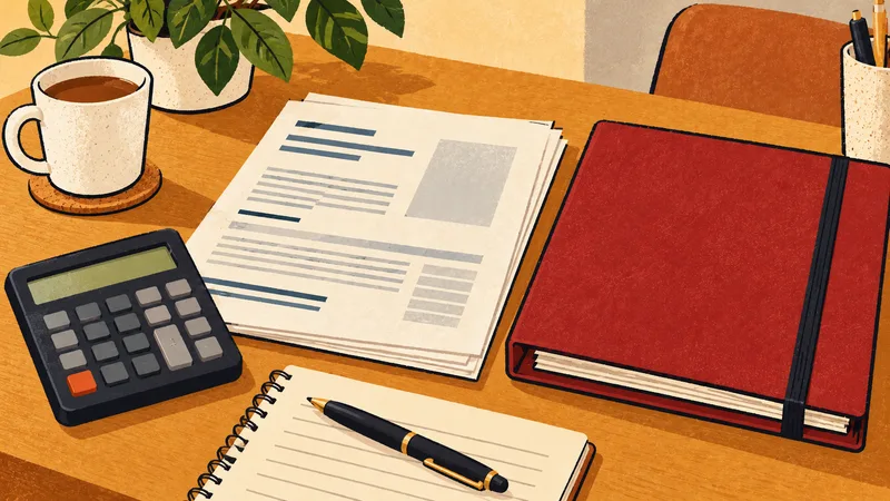 A calculator and neutral tax paperwork beside a closed budget folder.