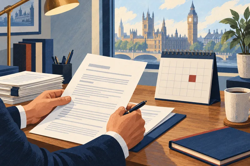 Editorial illustration of employment paperwork and a blank calendar on a desk, with the Westminster and Big Ben skyline through the window.
