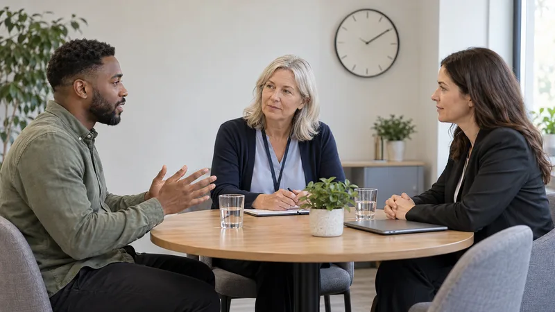 A worker and employer speak with a neutral conciliator at a table, with an unnumbered wall clock behind them.