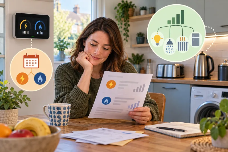 A household customer reviews an energy statement beside abstract electricity and gas rate symbols.