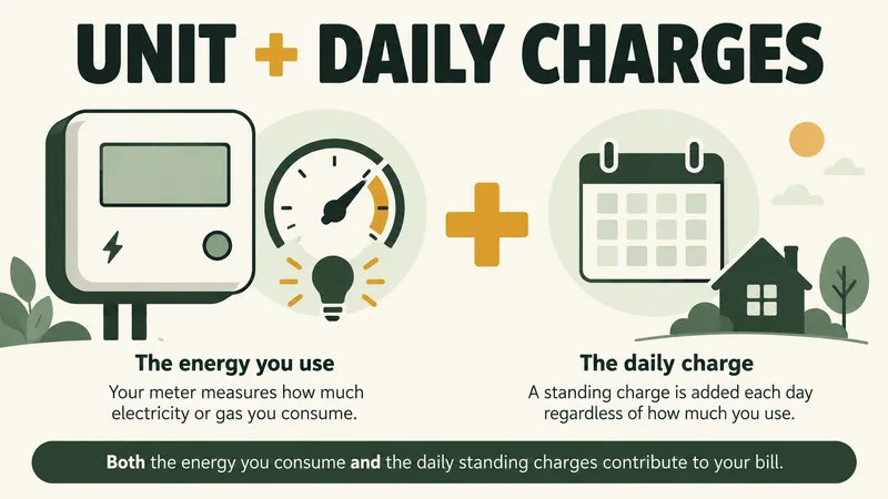 Concept illustration of a blank energy meter, usage dial and calendar under UNIT + DAILY CHARGES.