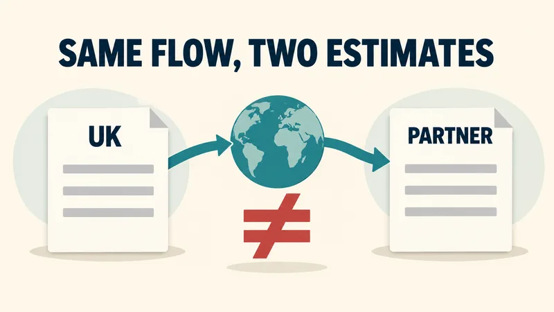 Two report cards labeled UK and PARTNER connect through a globe, with an unequal sign below and “SAME FLOW, TWO ESTIMATES” above.
