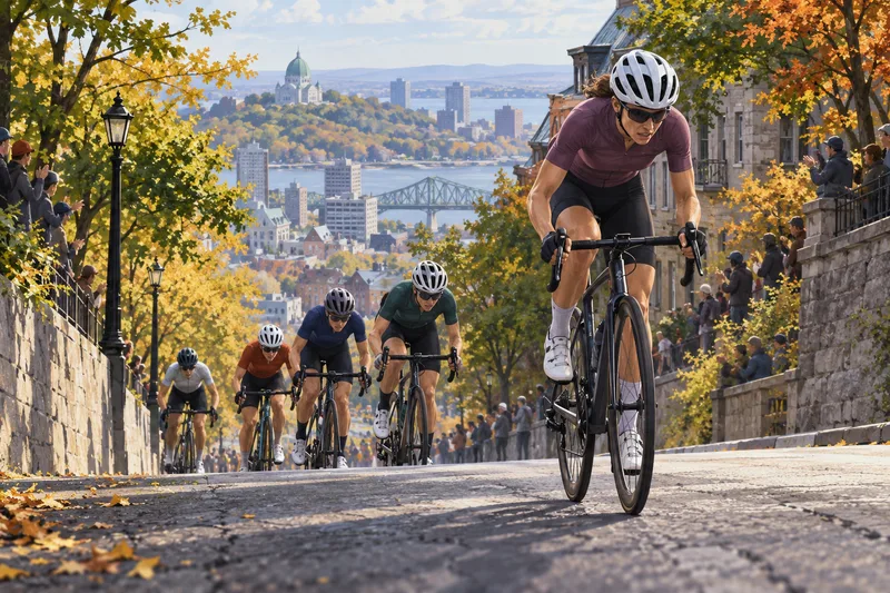A woman road cyclist leads a small group up a steep city climb, with no visible team marks or race numbers.