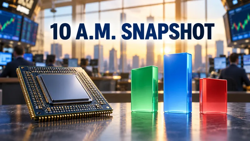 Editorial illustration of an AI chip beside three abstract market columns moving in different directions during morning trading.