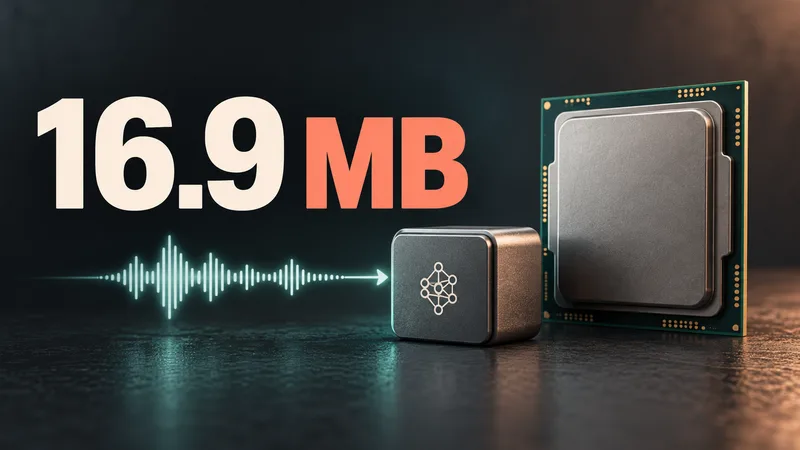 Concept illustration of a compact model module beside a generic CPU with a waveform entering, next to the words “16.9 MB.”