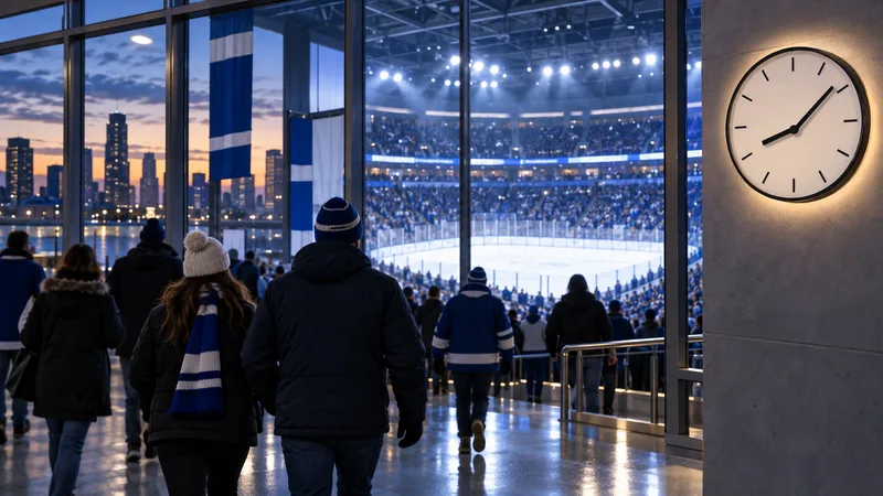 Fans enter a generic hockey arena at dusk as the rink lights come on.