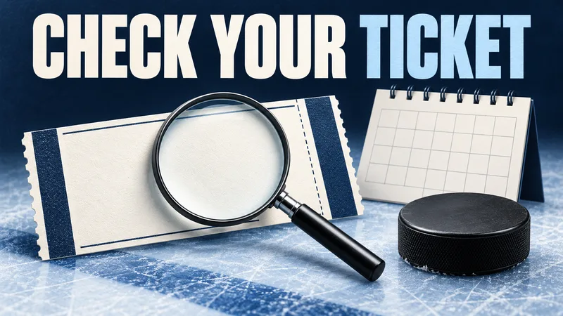 Concept illustration of a blank hockey ticket, calendar and puck under CHECK YOUR TICKET.