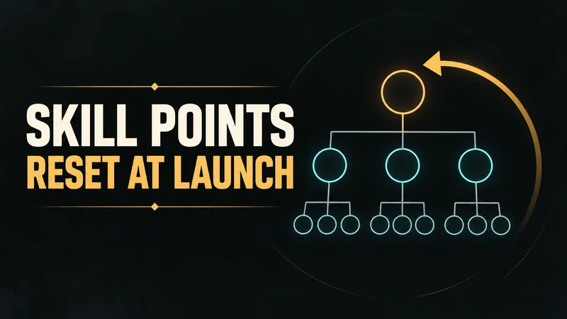 A generic branching skill tree with open nodes and a reset arrow appears beside the words SKILL POINTS and RESET AT LAUNCH.
