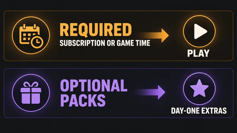 A two-lane diagram shows a required subscription or Game Time leading to play, while optional packs lead to day-one extras.