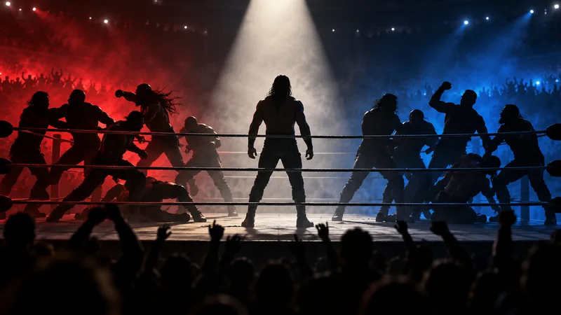 Concept illustration of a wrestling ring brawl with a spotlighted figure.