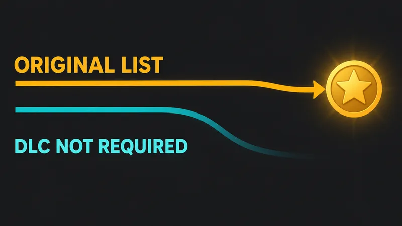 A solid amber path leads to a generic achievement medal while a separate teal path curves away, beneath the words ORIGINAL LIST and DLC NOT REQUIRED.