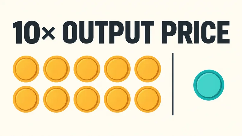 Concept comparison with the words “10× OUTPUT PRICE,” ten amber tokens on one side and one teal token on the other.