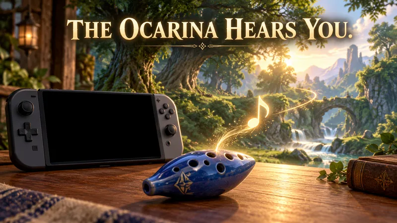 Editorial illustration of a handheld game system and ocarina with a glowing musical note.